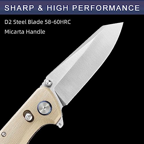 WIN+ Pocket Knife, Folding Knife with Button Lock and Axis Lock, Tactical Knives with Ball Bearing and Thumb Stud, Micarta Small EDC Knife for Survival Camping 3442 (C-Desert-Micarta)