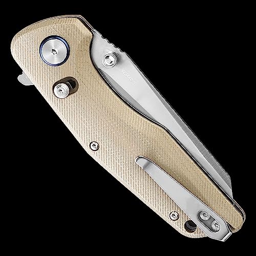 WIN+ Pocket Knife, Folding Knife with Button Lock and Axis Lock, Tactical Knives with Ball Bearing and Thumb Stud, Micarta Small EDC Knife for Survival Camping 3442 (C-Desert-Micarta)