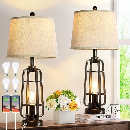 28.7" Farmhouse Table Lamps for Living Room Set of 2, Touch Lamps for Nightstand with Oil Rubbed Bronze Finish, Industrial Table Lamp for Bedroom