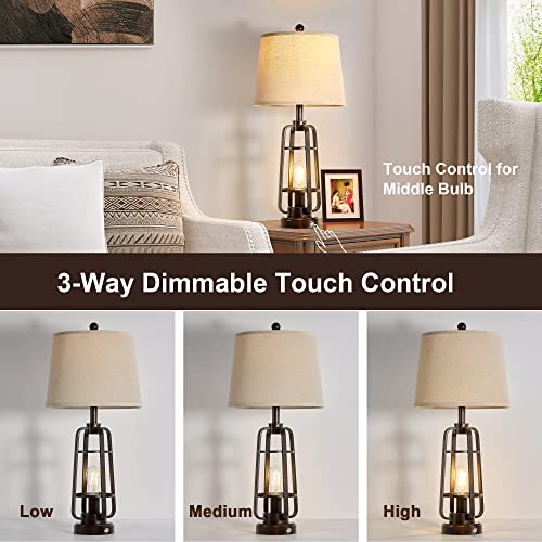 28.7" Farmhouse Table Lamps for Living Room Set of 2, Touch Lamps for Nightstand with Oil Rubbed Bronze Finish, Industrial Table Lamp for Bedroom