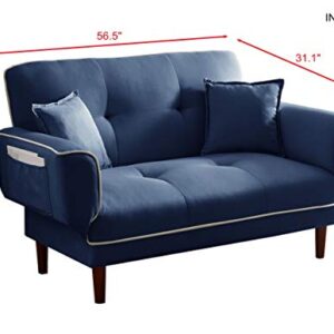 LCH Convertible Bed with 2 Pillows,Loveseat Sleeper Futon, Recliner Couch with Adjustable Armrest and Wood Legs,Living Room Sofa with 5-Angle Backrest for Small Space(Navy Blue)