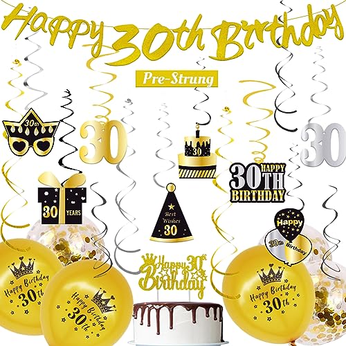 WOJOGO 30th Birthday Decorations for Him, Gold Black 30 Birthday Decorations for Women Men, Happy 30th Birthday Banner Hanging Swirls Birthday Cake Topper Balloons Decor Kit for Party Supplies