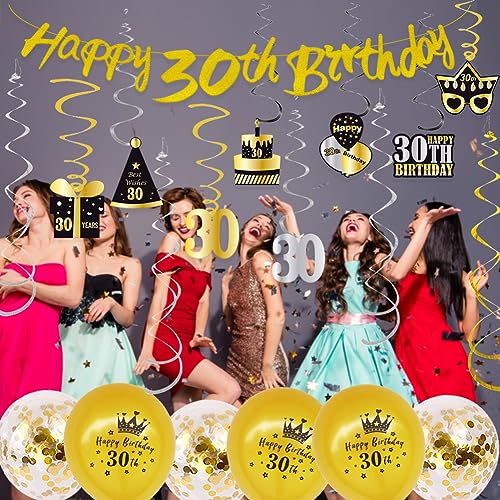 WOJOGO 30th Birthday Decorations for Him, Gold Black 30 Birthday Decorations for Women Men, Happy 30th Birthday Banner Hanging Swirls Birthday Cake Topper Balloons Decor Kit for Party Supplies