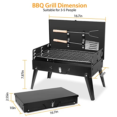 KOCASO Portable Charcoal Grill, Outdoor Small BBQ Grill with Barbecue Accessories, Folding Camping Grill for Outdoor Cooking Travel Patio Picnic Park Beach Hiking, Height Adjustable for 3 to 5 People