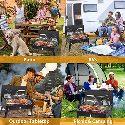 KOCASO Portable Charcoal Grill, Outdoor Small BBQ Grill with Barbecue Accessories, Folding Camping Grill for Outdoor Cooking Travel Patio Picnic Park Beach Hiking, Height Adjustable for 3 to 5 People