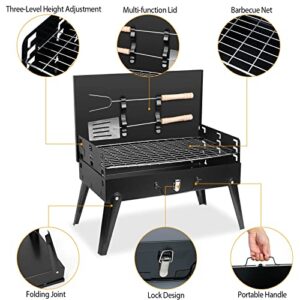 KOCASO Portable Charcoal Grill, Outdoor Small BBQ Grill with Barbecue Accessories, Folding Camping Grill for Outdoor Cooking Travel Patio Picnic Park Beach Hiking, Height Adjustable for 3 to 5 People