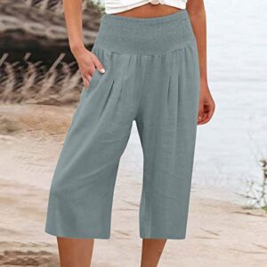 2 Piece Pants Set for Women Capri Pants Casual Summer Smocked Elastic High Waisted Linen Pant Solid Loose Wide Leg Capris Trousers