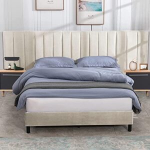 cecer california king bed frame with upholstered extended headboard, vertical tufted velvet bed platform furniture for bedroom/easy assembly/solid wood slats support/no box spring needed - beige