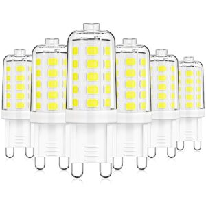 maxvolador g9 led bulb dimmable, daylight white 6000k, 4w g9 base light bulbs, 40w t4 halogen equivalent, bi pin base g9 chandelier lighting, no-flicker 360°beam angle, 120v 450lm, 6 pack
