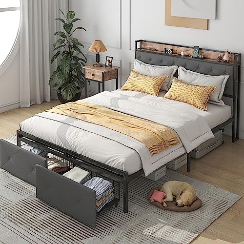 Saudism Queen Bed Frame with Drawers and Charging Station, Queen Size Platform Bed Frame with Soft Storage Headboard, Sturdy and Durable, No Box Spring Needed, Rustic Wood+Steel, Grey