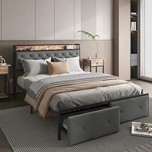 Saudism Queen Bed Frame with Drawers and Charging Station, Queen Size Platform Bed Frame with Soft Storage Headboard, Sturdy and Durable, No Box Spring Needed, Rustic Wood+Steel, Grey