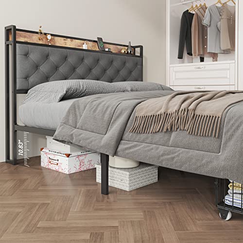 Saudism Queen Bed Frame with Drawers and Charging Station, Queen Size Platform Bed Frame with Soft Storage Headboard, Sturdy and Durable, No Box Spring Needed, Rustic Wood+Steel, Grey