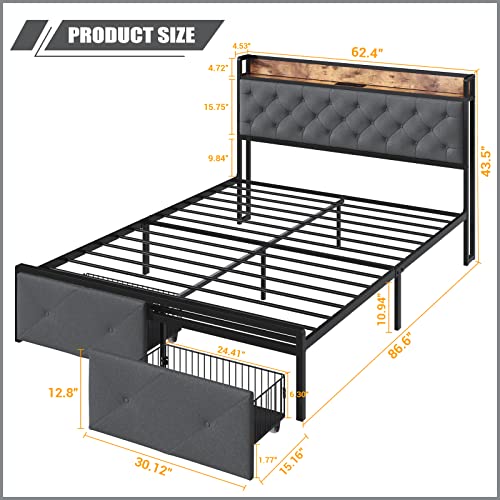 Saudism Queen Bed Frame with Drawers and Charging Station, Queen Size Platform Bed Frame with Soft Storage Headboard, Sturdy and Durable, No Box Spring Needed, Rustic Wood+Steel, Grey