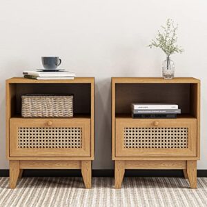 tolead nightstand set of 2, rattan nightstand with drawer & open shelf, boho accent end table side table bedside tables with solid wood feet for bedroom, living room