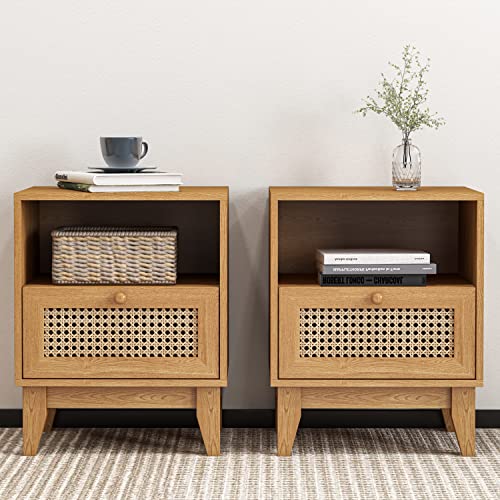 TOLEAD Nightstand Set of 2, Rattan Nightstand with Drawer & Open Shelf, Boho Accent End Table Side Table Bedside Tables with Solid Wood Feet for Bedroom, Living Room