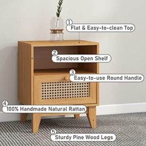 TOLEAD Nightstand Set of 2, Rattan Nightstand with Drawer & Open Shelf, Boho Accent End Table Side Table Bedside Tables with Solid Wood Feet for Bedroom, Living Room