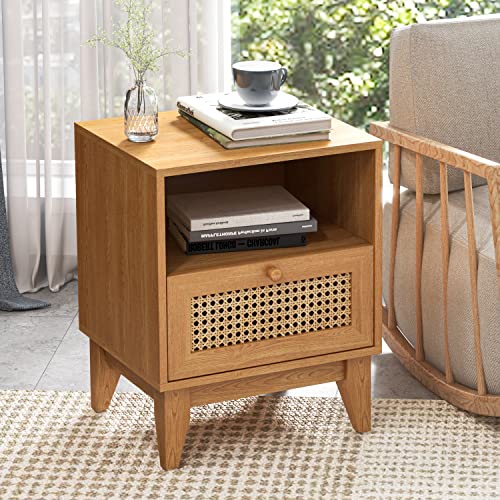 TOLEAD Nightstand Set of 2, Rattan Nightstand with Drawer & Open Shelf, Boho Accent End Table Side Table Bedside Tables with Solid Wood Feet for Bedroom, Living Room