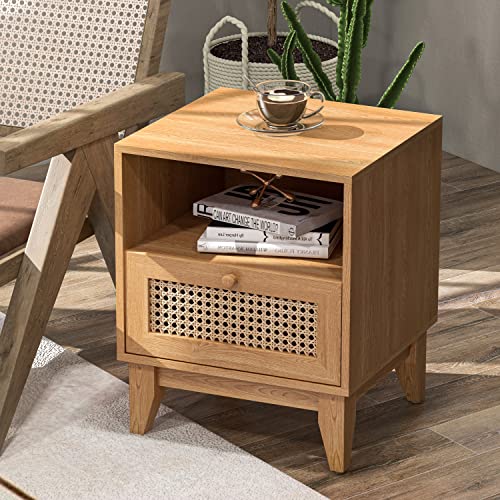 TOLEAD Nightstand Set of 2, Rattan Nightstand with Drawer & Open Shelf, Boho Accent End Table Side Table Bedside Tables with Solid Wood Feet for Bedroom, Living Room