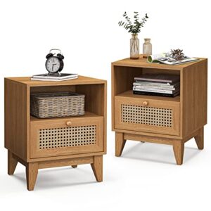 TOLEAD Nightstand Set of 2, Rattan Nightstand with Drawer & Open Shelf, Boho Accent End Table Side Table Bedside Tables with Solid Wood Feet for Bedroom, Living Room