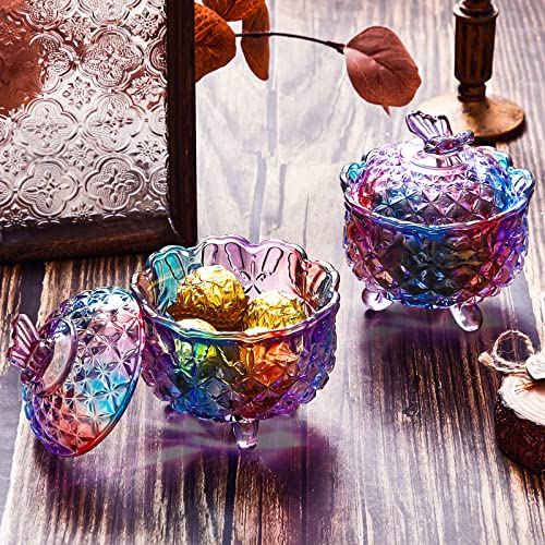 Yaomiao 2 Pcs Purple Blue Crystal Candy Jar with Lid 10 oz Glass Candy Dish Vintage Embossed Glass Candy Jar for Cookie Wedding Buffet