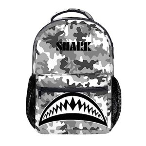 cbntnaf shark camo backpack for women men, gray camo shark teeth print bookbag for boys girls, large capacity lightweight backpack for school work camping hiking