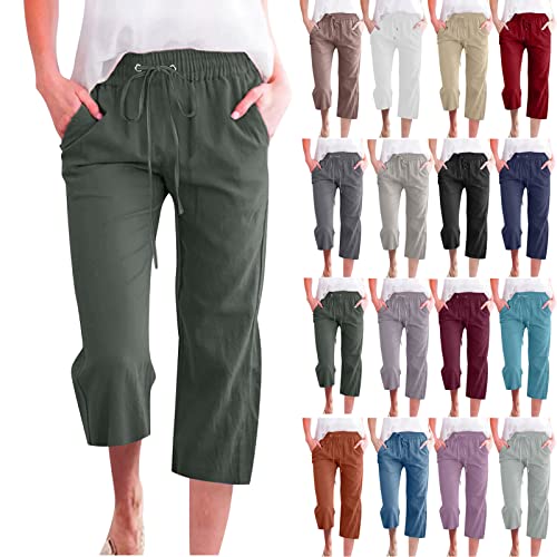 Pant Suits for Women Dressy Capri Pants Casual 2023 Summer Drawstring Elastic High Waist Linen Pant Straight Wide Leg Cropped Trouser