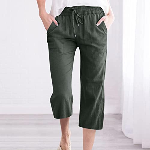 Pant Suits for Women Dressy Capri Pants Casual 2023 Summer Drawstring Elastic High Waist Linen Pant Straight Wide Leg Cropped Trouser