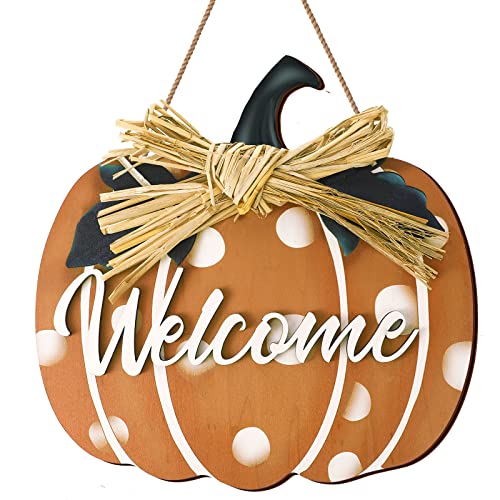 Shellwei Fall Pumpkin Welcome Sign for Front Door Wood Pumpkin Hanging Decor Thanksgiving Wooden Hanger Decorations for Autumn Harvest Farmhouse Home Decor