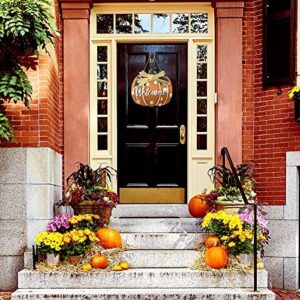 Shellwei Fall Pumpkin Welcome Sign for Front Door Wood Pumpkin Hanging Decor Thanksgiving Wooden Hanger Decorations for Autumn Harvest Farmhouse Home Decor