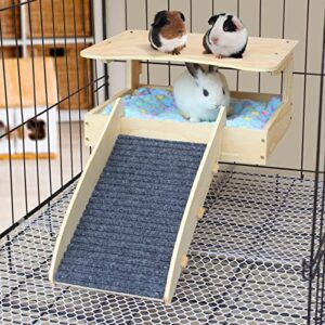 Guinea Pig Hideout-Natural Wooden Guinea Pig Bedding Guinea Pig Toys with Stairs and Mat,Detachable Guinea Pig Bed for Guinea Pig Cages Hamsters Bunny Chinchillas.
