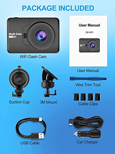 Dash Cam, FHD 1080P Mini Dash Camera for Cars with WiFi, 2.45" IPS Screen, Night Vision, WDR, Loop Recording, G-Sensor Lock, 170°Wide Angle and Parking Monitor