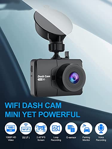 Dash Cam, FHD 1080P Mini Dash Camera for Cars with WiFi, 2.45" IPS Screen, Night Vision, WDR, Loop Recording, G-Sensor Lock, 170°Wide Angle and Parking Monitor