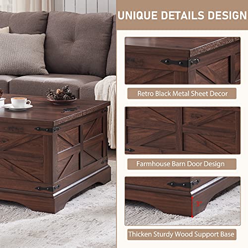 JXQTLINGMU Farmhouse Coffee Table, Square Wood Center Table with Large Hidden Storage Compartment for Living Room, Rustic Cocktail Table with Hinged Lift Top for Home, Brown