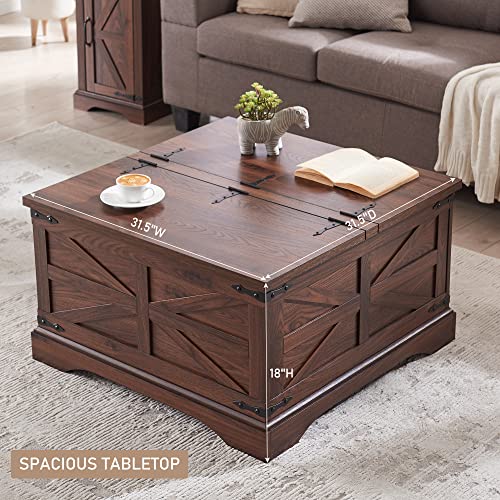 JXQTLINGMU Farmhouse Coffee Table, Square Wood Center Table with Large Hidden Storage Compartment for Living Room, Rustic Cocktail Table with Hinged Lift Top for Home, Brown