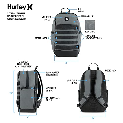 Hurley Mens Skateboard Backpack, Cool Grey, One Size