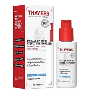 thayers soak it up 80hr liquid moisturizer, face moisturizer with hyaluronic acid and snow mushroom, dermatologist tested skin care for normal to dry skin, 2.5 oz