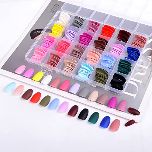 EYL Short Press on Nails Coffin 24Packs 576PCS Matte Ballerina Acrylic Fake Nails Full Cover Glue On Nails Medium Length Nail Adhesive Tabs Nail File Nail Sticks for Women Girls DIY 24 Colors