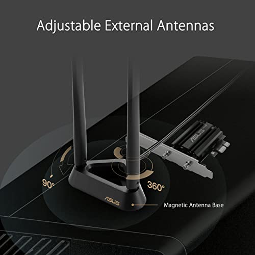 ASUS PCE-AXE59BT WiFi6 6E AX5400 PCI-E Adapter with 2 External Antennas and magnetized Base. Supporting 6GHz Band, 160MHz, Bluetooth 5.2, WPA3 Network Security, OFDMA and MU-MIMO