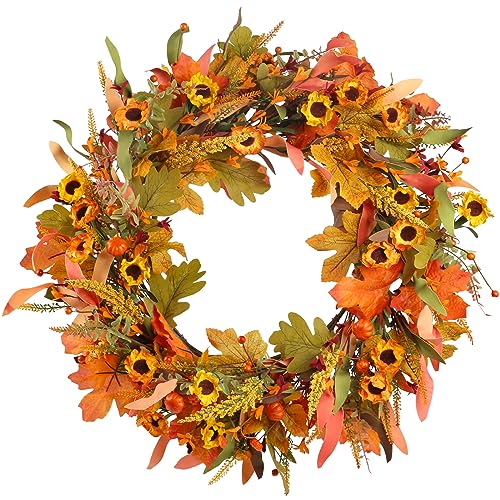 HO2NLE Fall Wreaths for Front Door, 24 Inch Fall Wreath with Flowers and Berry Large Autumn Harvest Thanksgiving Wreath for Farmhouse Festival Halloween Home Wall Decor