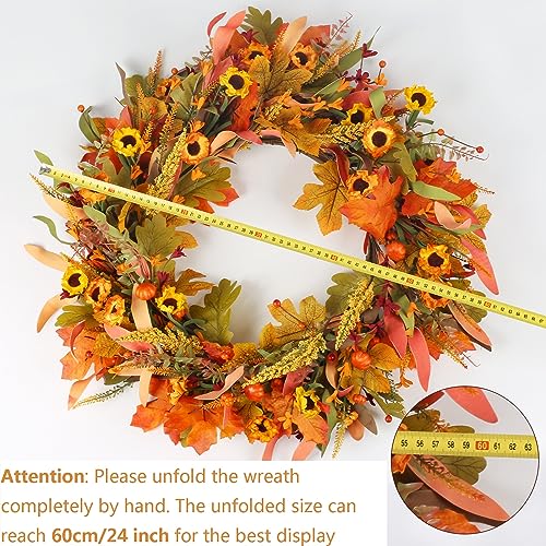 HO2NLE Fall Wreaths for Front Door, 24 Inch Fall Wreath with Flowers and Berry Large Autumn Harvest Thanksgiving Wreath for Farmhouse Festival Halloween Home Wall Decor