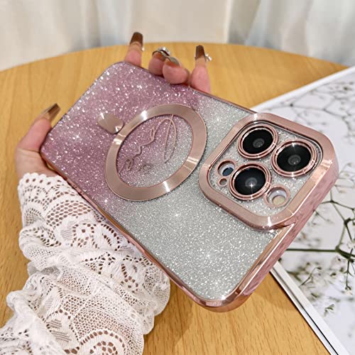 Fiyart Compatible with iPhone 14 Pro Max Case,Compatible with MagSafe Love Heart Plating Camera Protection Clear Phone Case, Magnetic Glitter for Women Girls Shockproof Back Bumper 6.7"-Pink