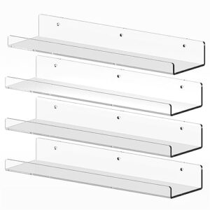 set of 4, acrylic floating shelf wall mount, self-adhesive 15" invisible clear kids book display shelves, kids bookshelf, bathroom/kitchen wall ledge shelf for decoration and organizer