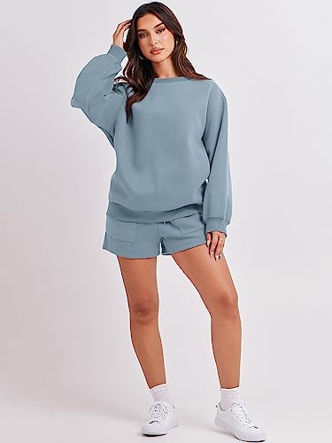 ANRABESS Women 2 Piece Lounge Set Fall Outfits Sweatsuit Fleece Oversized Crewneck Sweatshirt Loungewear Shorts 2023 Casual Cozy Pajamas Macthing Tracksuit Set 1047huilan-XL