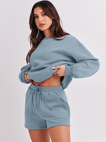 ANRABESS Women 2 Piece Lounge Set Fall Outfits Sweatsuit Fleece Oversized Crewneck Sweatshirt Loungewear Shorts 2023 Casual Cozy Pajamas Macthing Tracksuit Set 1047huilan-XL