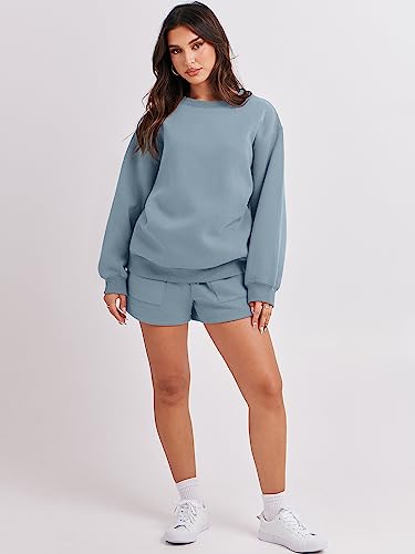 ANRABESS Women 2 Piece Lounge Set Fall Outfits Sweatsuit Fleece Oversized Crewneck Sweatshirt Loungewear Shorts 2023 Casual Cozy Pajamas Macthing Tracksuit Set 1047huilan-XL