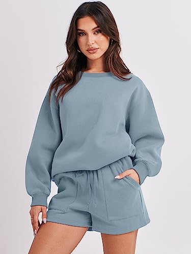 ANRABESS Women 2 Piece Lounge Set Fall Outfits Sweatsuit Fleece Oversized Crewneck Sweatshirt Loungewear Shorts 2023 Casual Cozy Pajamas Macthing Tracksuit Set 1047huilan-XL