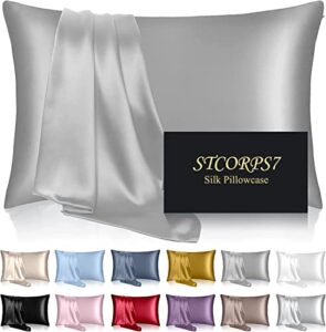 satin pillowcases set of 2 - mulberry silk pillowcase for hair and skin, soft, smooth, anti acne, beauty sleep silk pillow cases covers with zipper gifts for women men (king（20"x 36"）, gray)