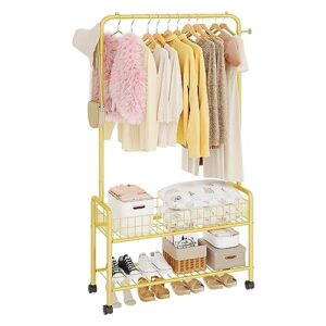 jiuyotree rolling clothes rack with storage basket 35.4 inches freestanding metal clothing rack with 2-tier storage racks garment coat rack with wheels for clothes shoes hats bags golden