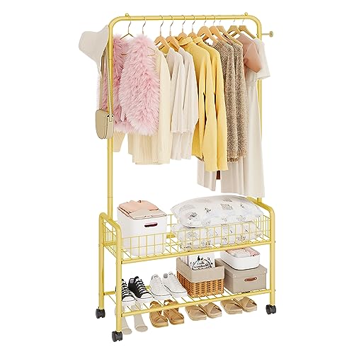 JIUYOTREE Rolling Clothes Rack with Storage Basket 35.4 Inches Freestanding Metal Clothing Rack with 2-Tier Storage Racks Garment Coat Rack with Wheels for Clothes Shoes Hats Bags Golden