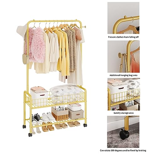 JIUYOTREE Rolling Clothes Rack with Storage Basket 35.4 Inches Freestanding Metal Clothing Rack with 2-Tier Storage Racks Garment Coat Rack with Wheels for Clothes Shoes Hats Bags Golden